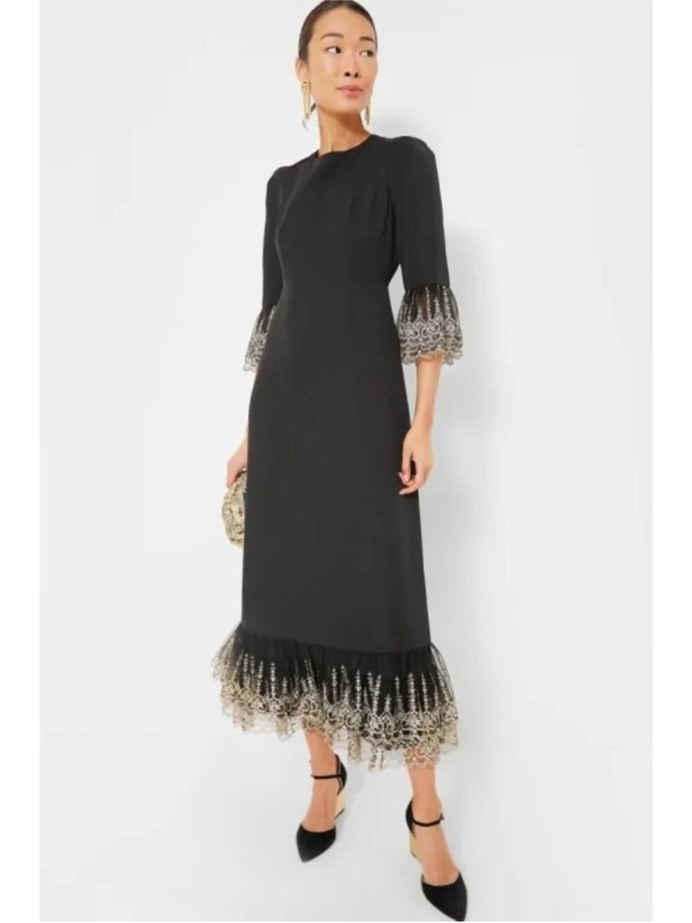 TUCKERNUCK Pomander Place Lilith Maxi Dress Small Black Gold Embroidery Modest